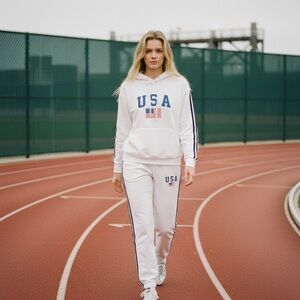 USA White Track Pants & Hoodie